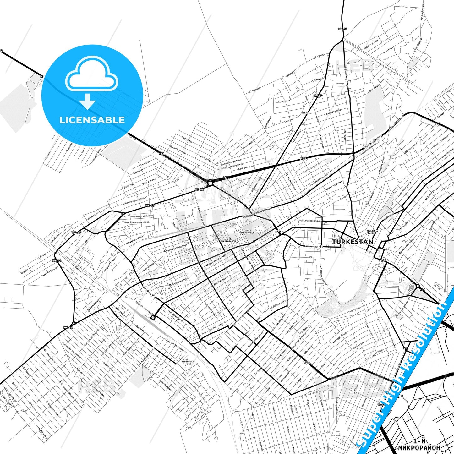 Turkistan, Kazakhstan Light Map with Street Names, City Names, and Districts
