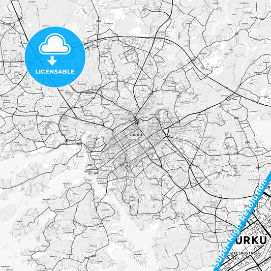 Turku, Finland light map with streetnames, citynames and districts