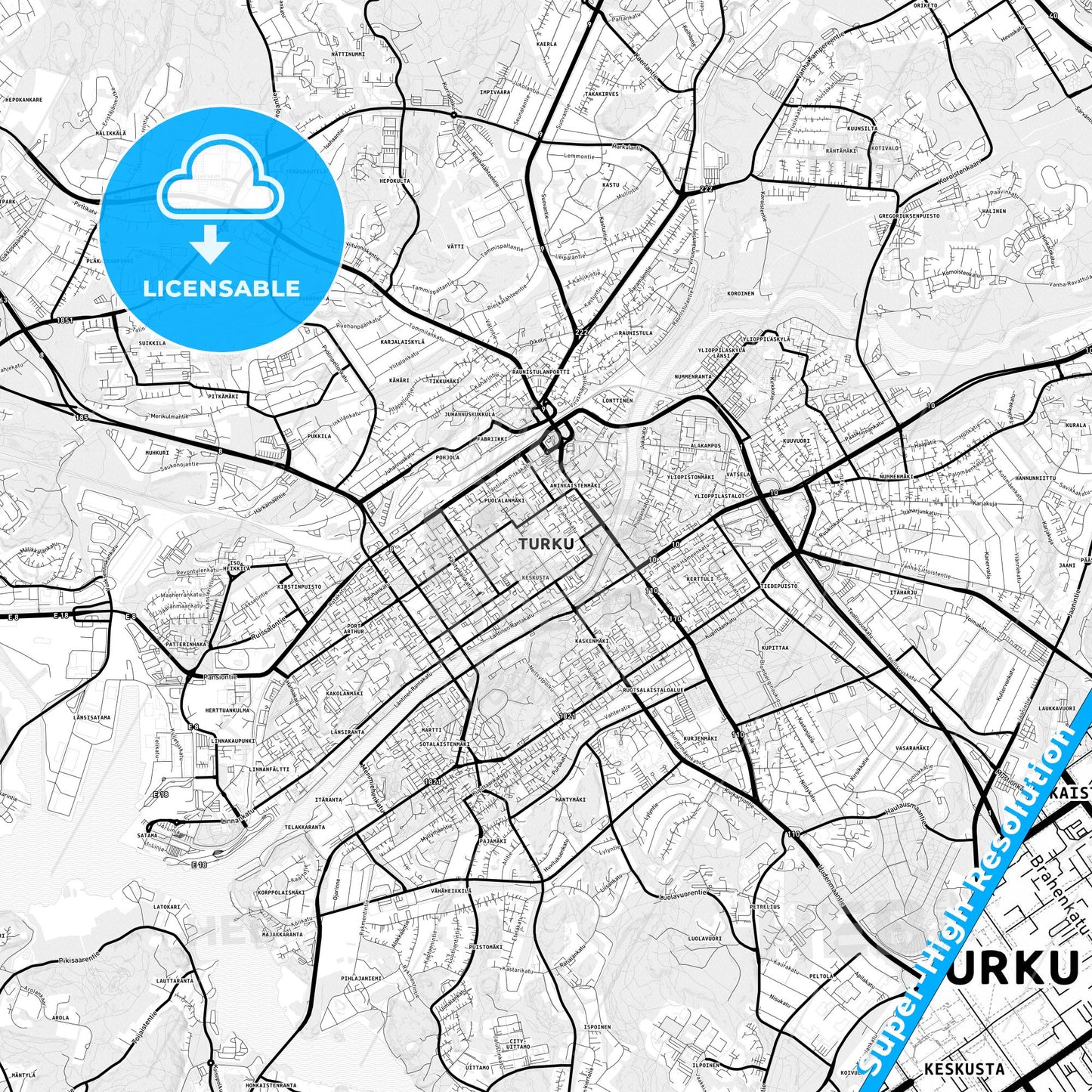 Turku, Finland Light Map with Street Names, City Names, and Districts