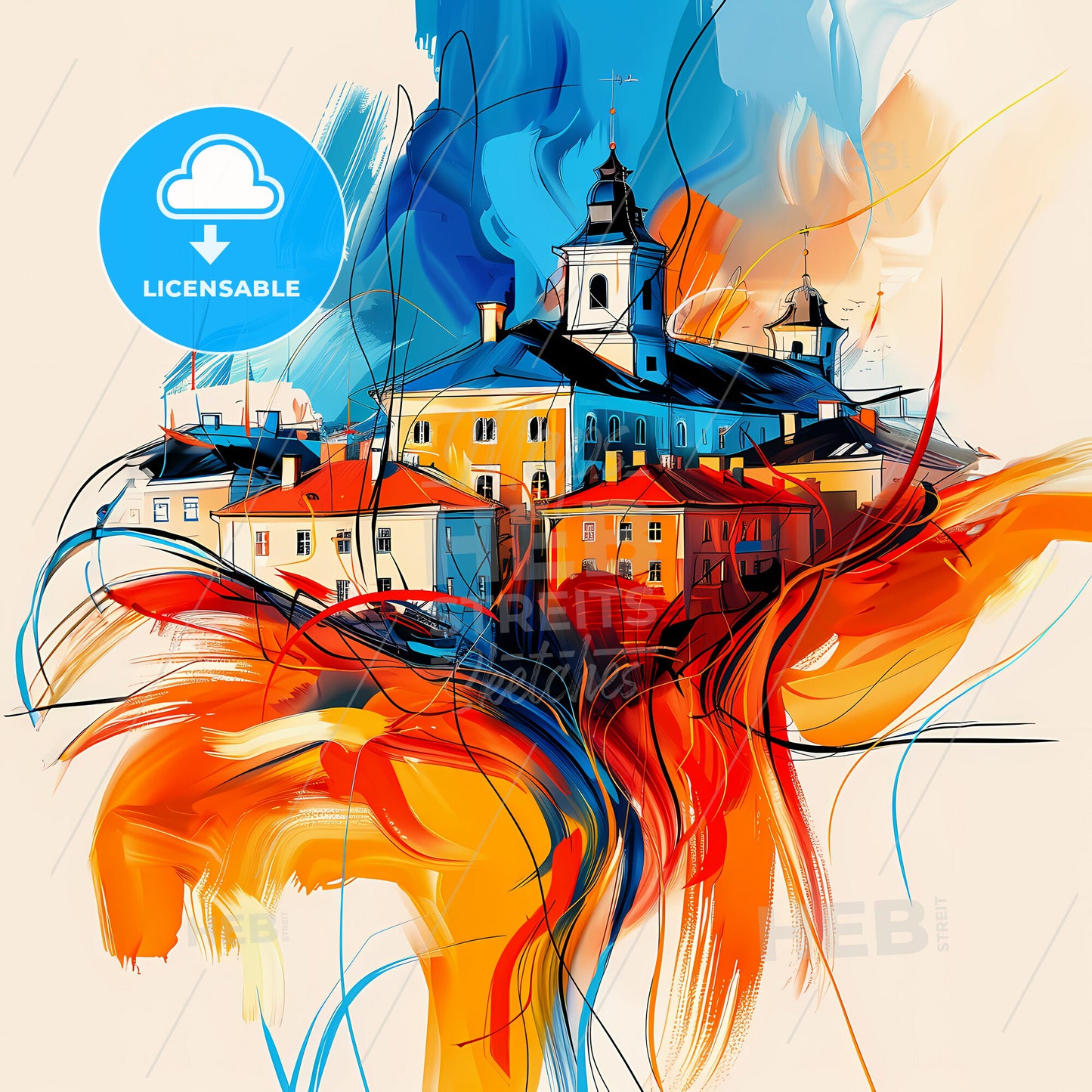 Vibrant Turku, Finland - A Painting Of A Building With A Tower And A Tower