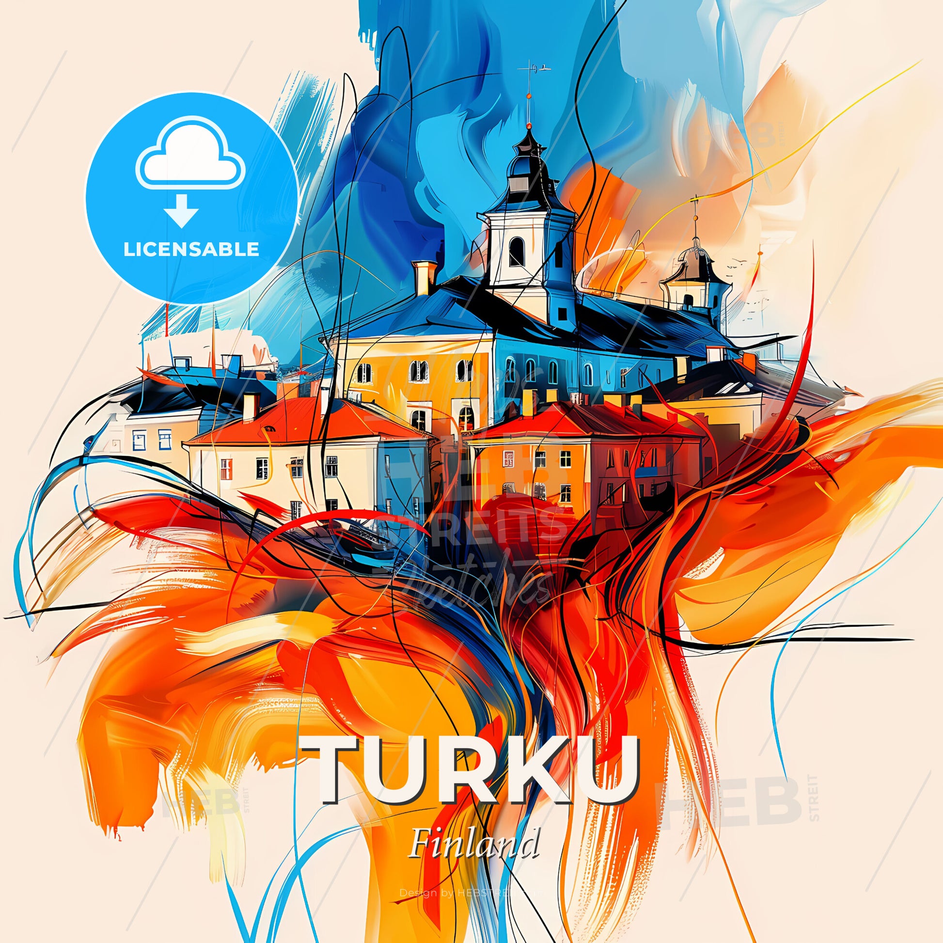 Vibrant Turku, Finland - A Painting Of A Building With A Tower And A Tower - Square format print template