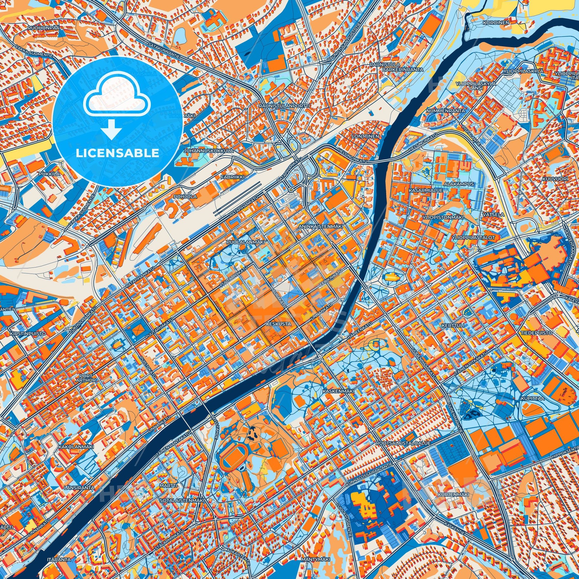 Colorful Turku Street Map with Labels and Buildings