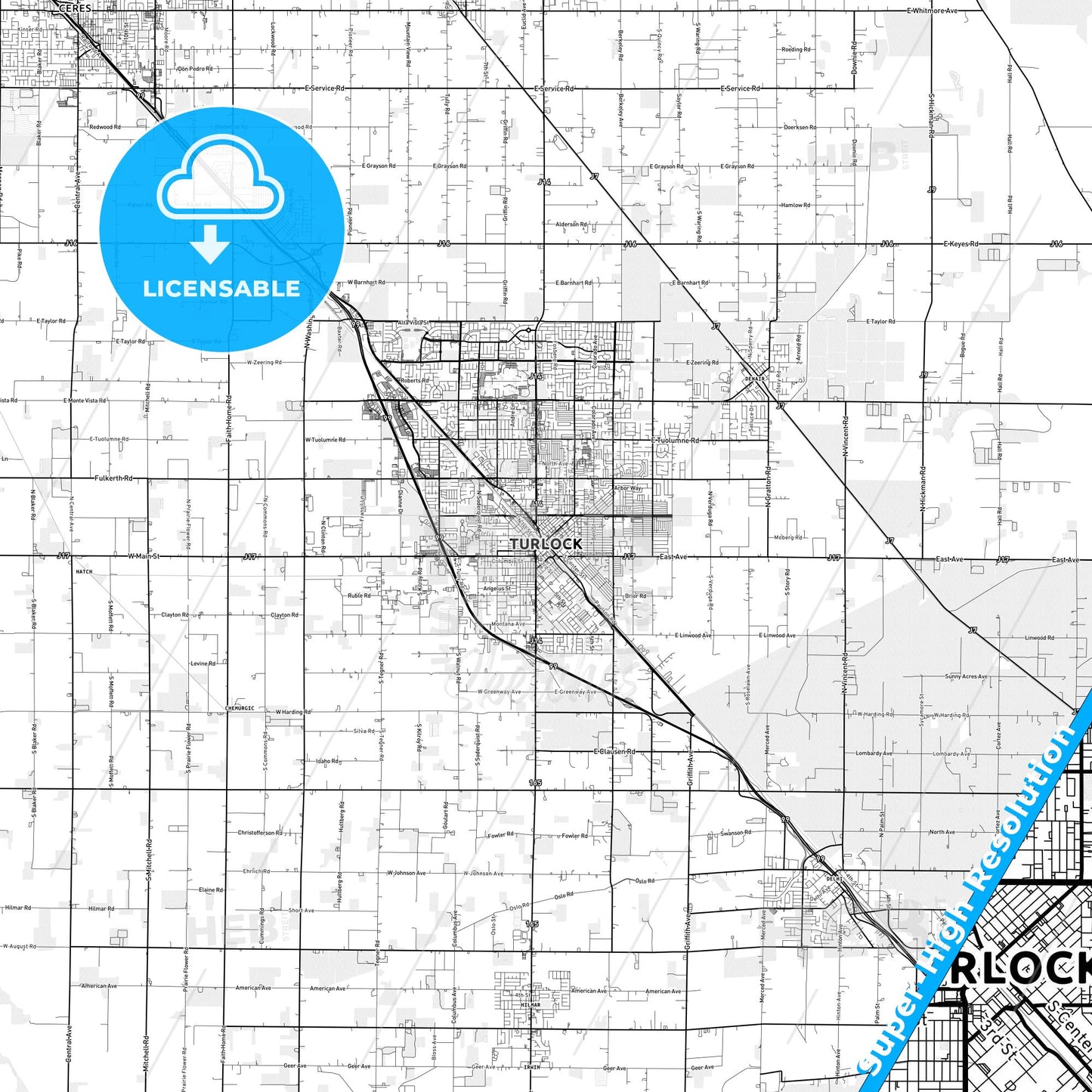 Turlock, California light map with streetnames, citynames and districts