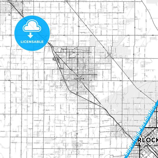Turlock, California light map with streetnames, citynames and districts