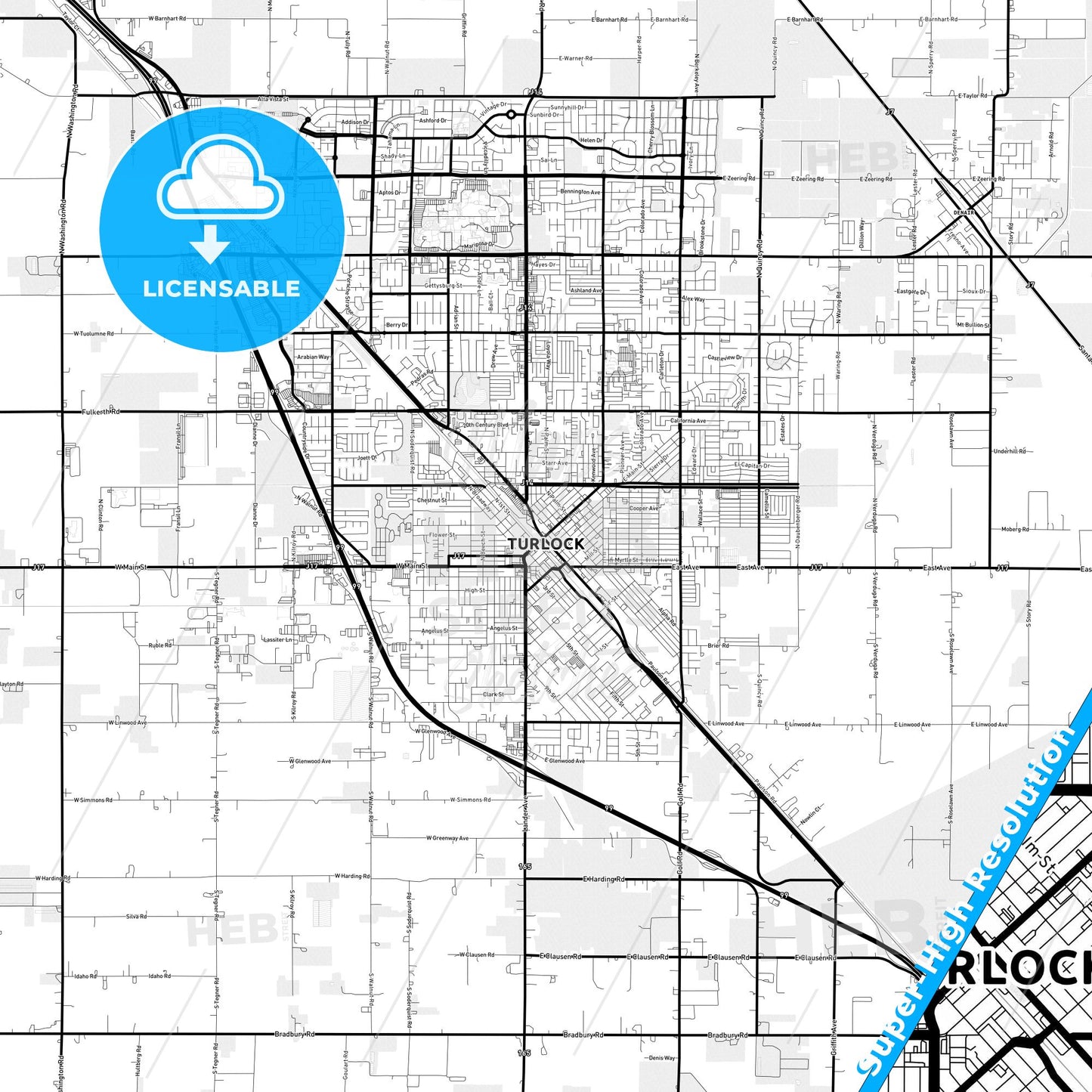 Turlock, California Light Map with Street Names, City Names, and Districts