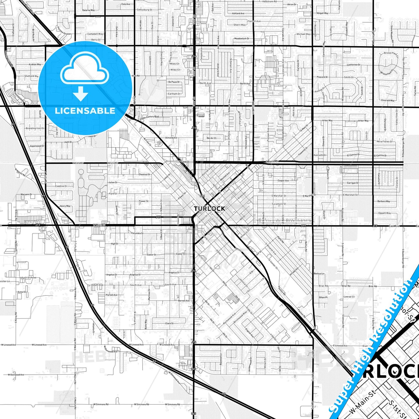 Turlock, California Light Map with Street Names, City Names, and Districts