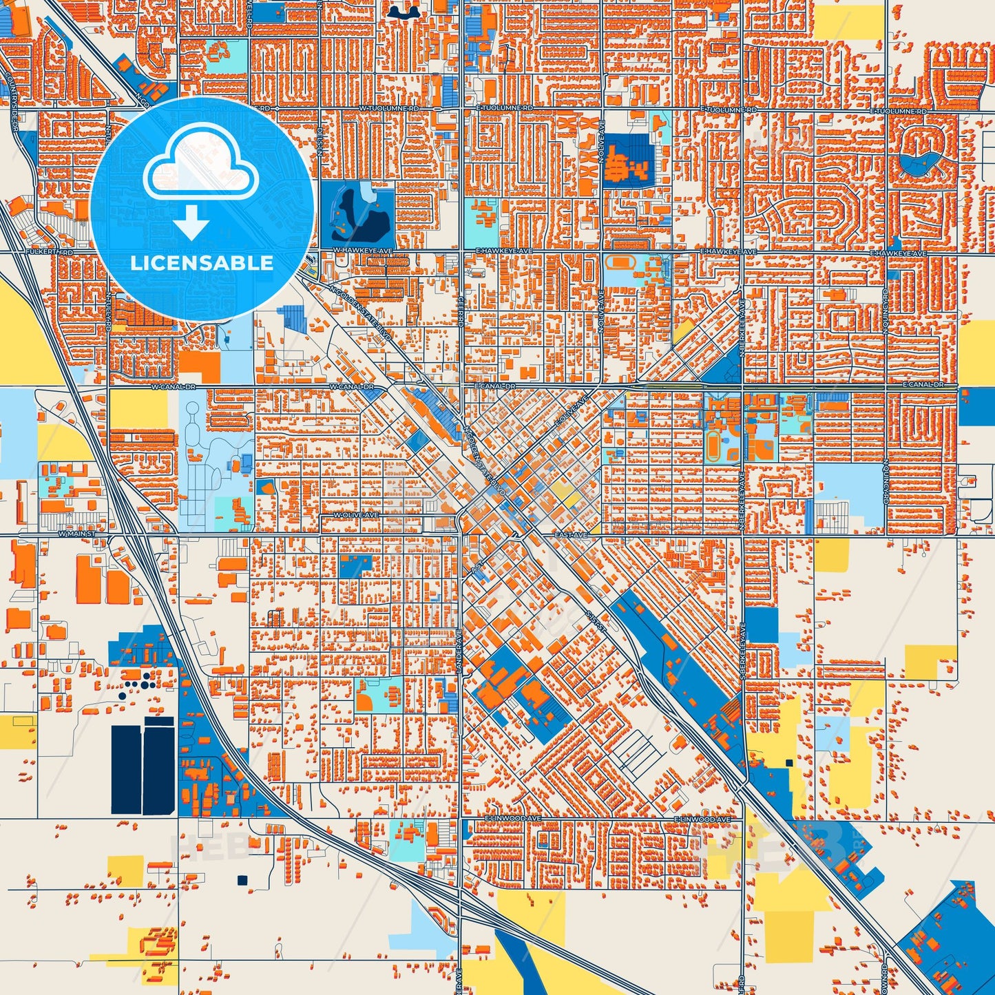 Colorful Turlock Street Map with Labels and Buildings