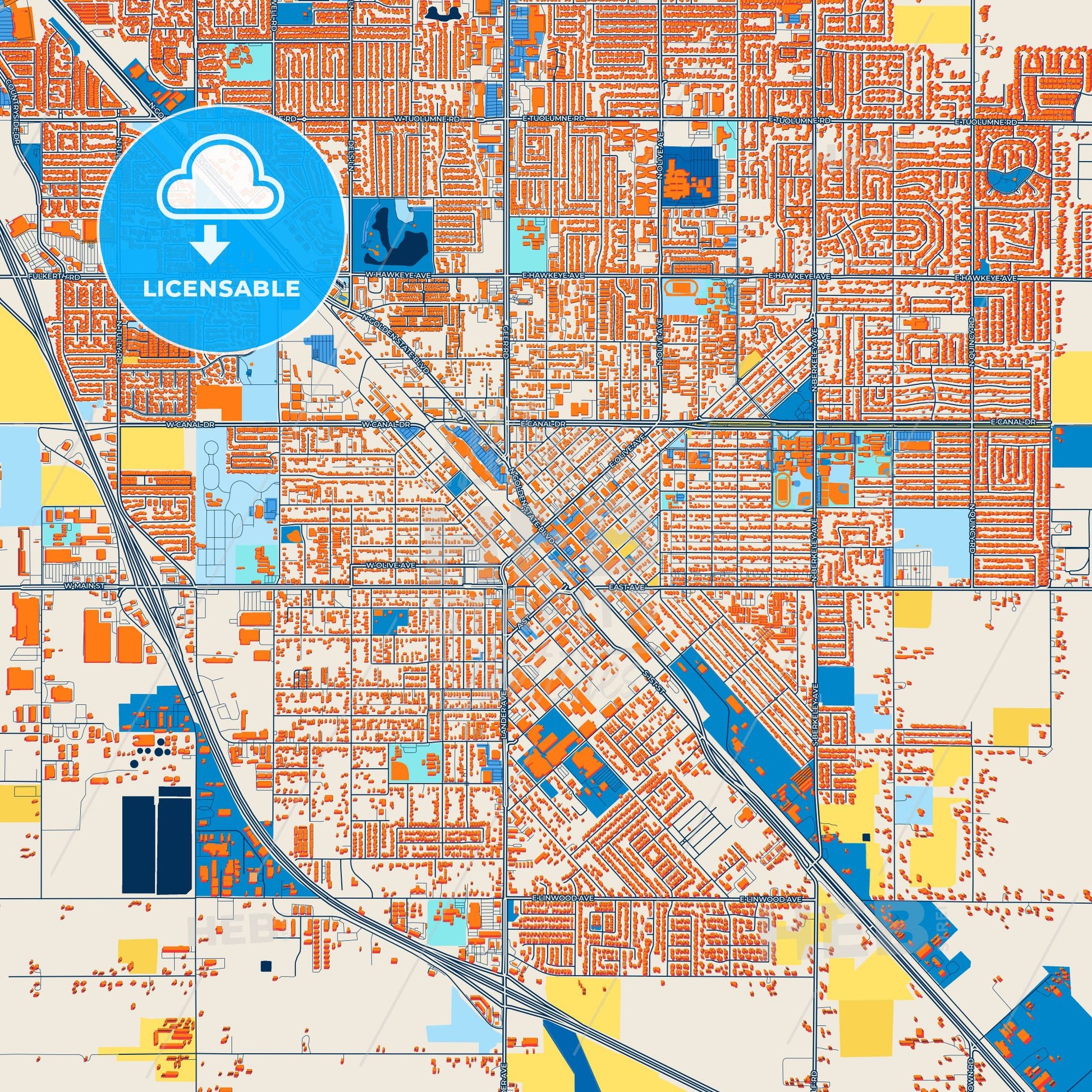 Colorful Turlock Street Map with Labels and Buildings