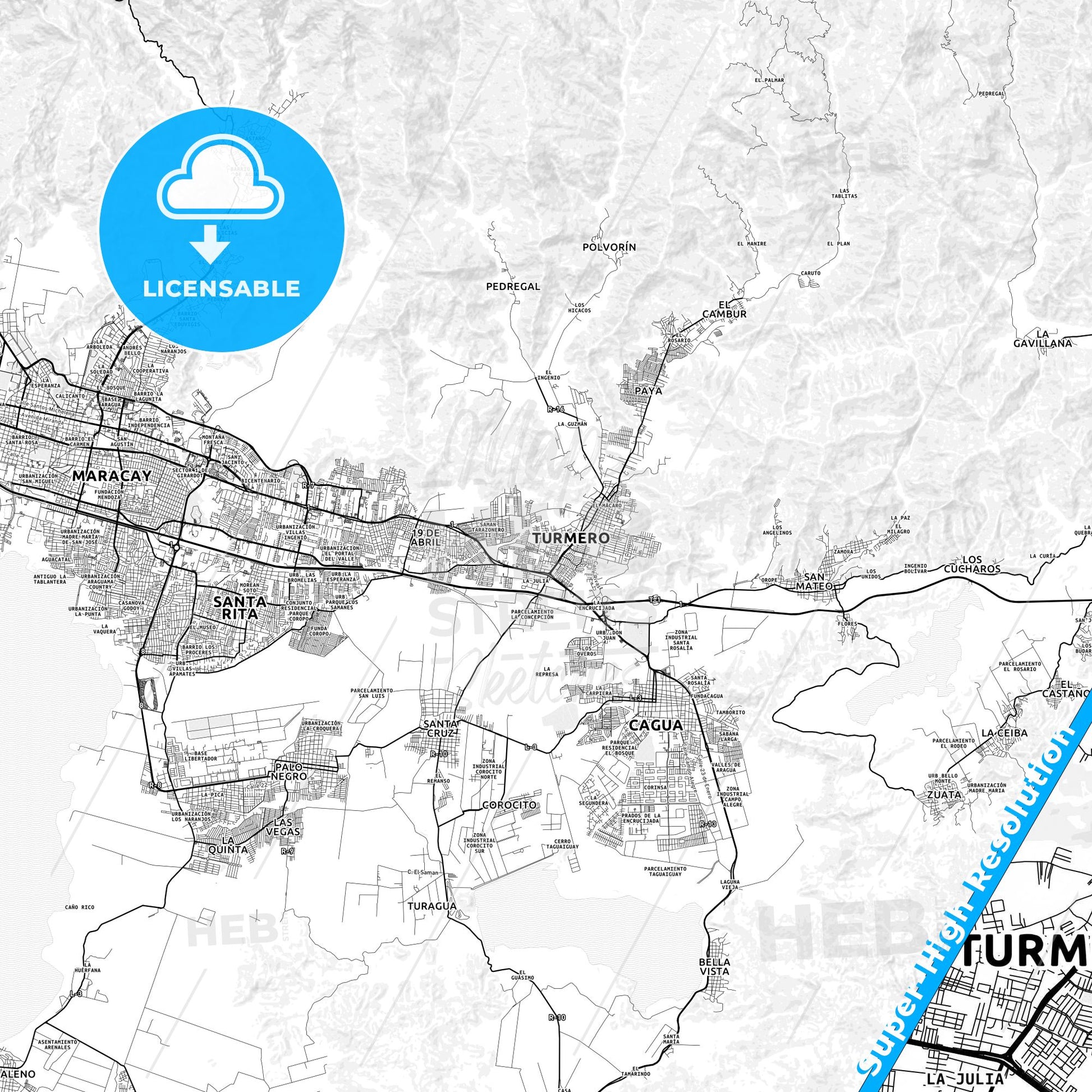 Turmero, Venezuela light map with streetnames, citynames and districts