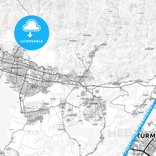 Turmero, Venezuela light map with streetnames, citynames and districts