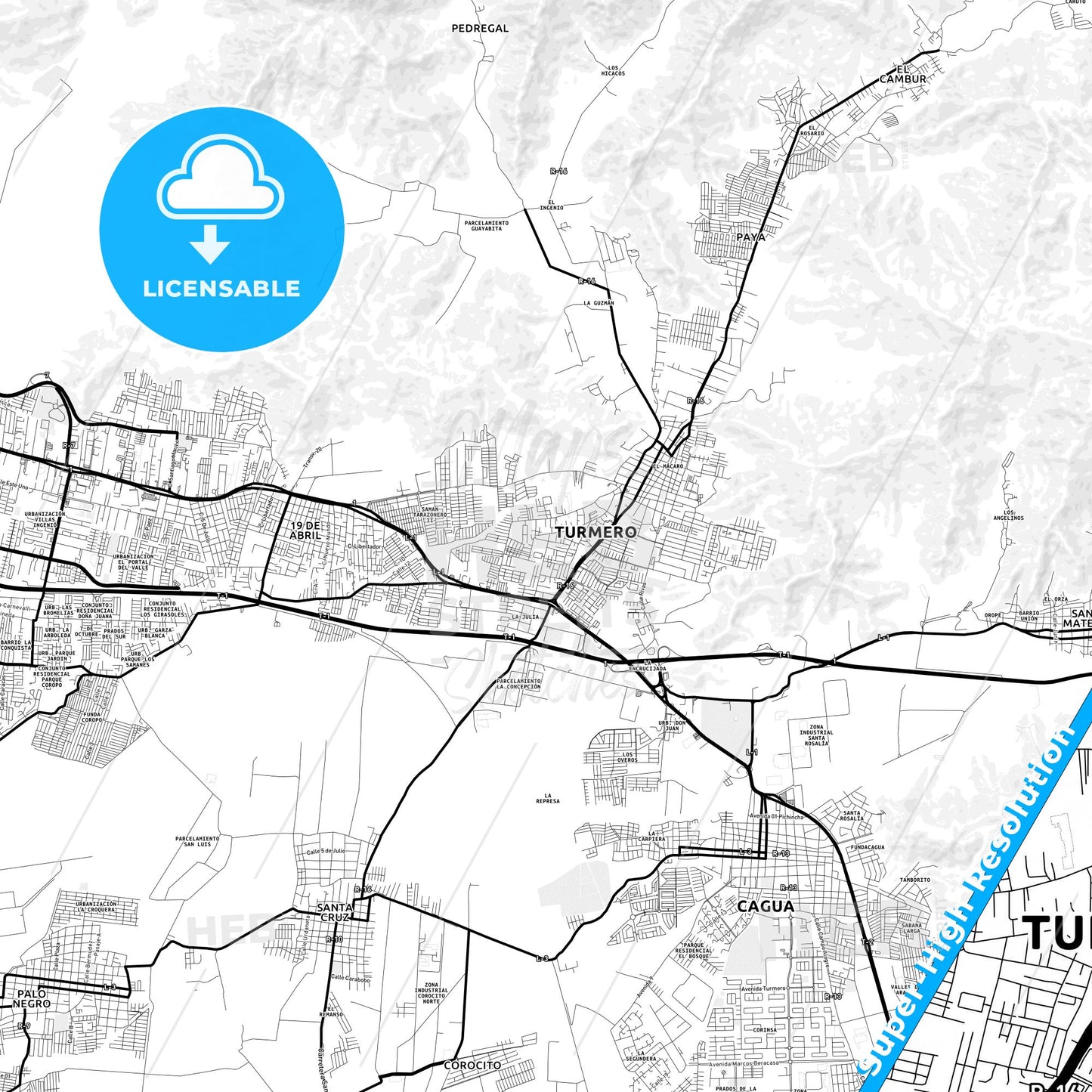 Turmero, Venezuela Light Map with Street Names, City Names, and Districts