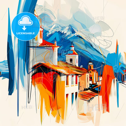 Vibrant Turmero, Venezuela - A Painting Of Buildings And Mountains
