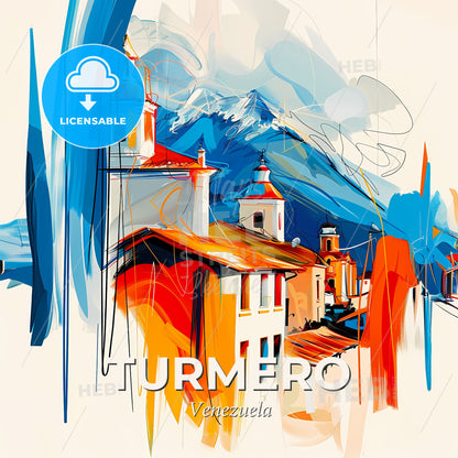Vibrant Turmero, Venezuela - A Painting Of Buildings And Mountains - Square format print template