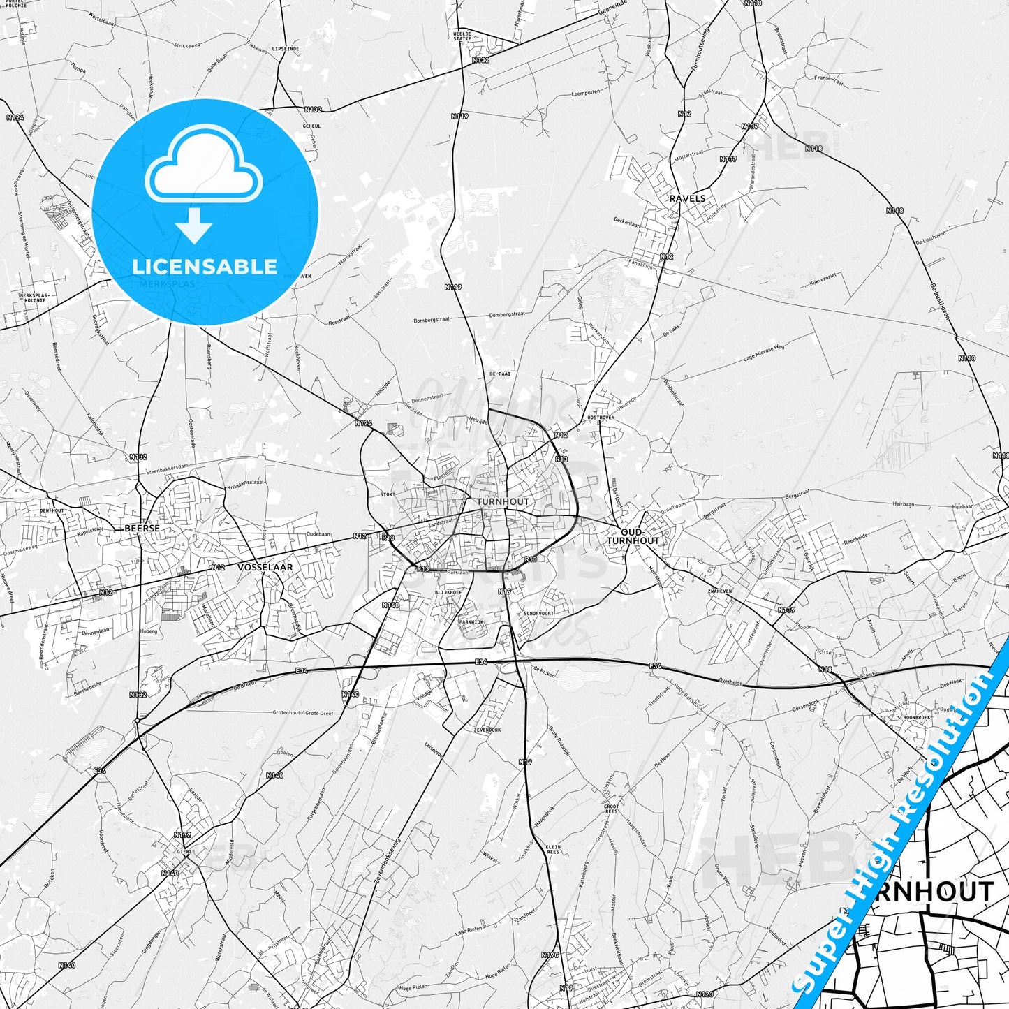 Turnhout, Belgium light map with streetnames, citynames and districts