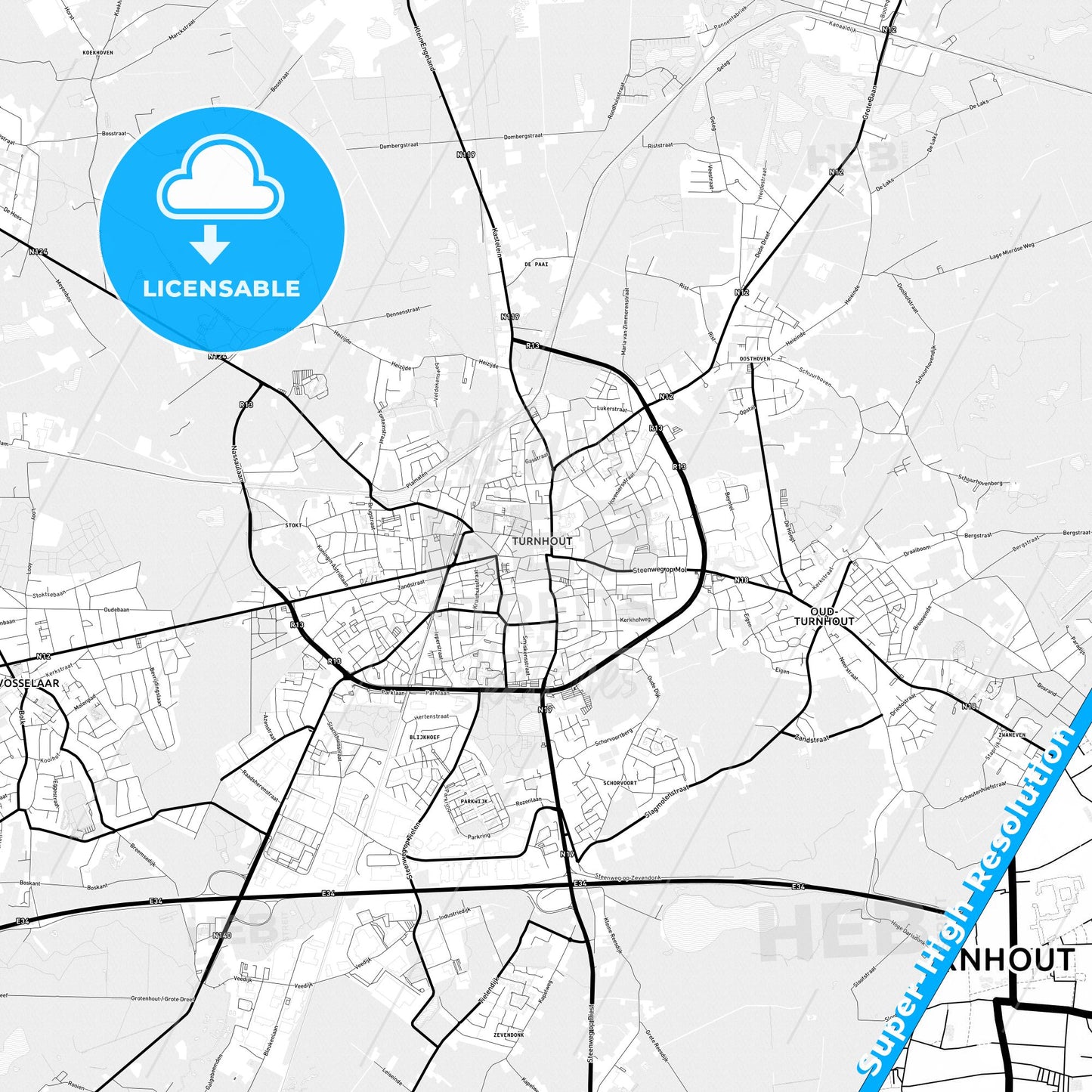 Turnhout, Belgium Light Map with Street Names, City Names, and Districts