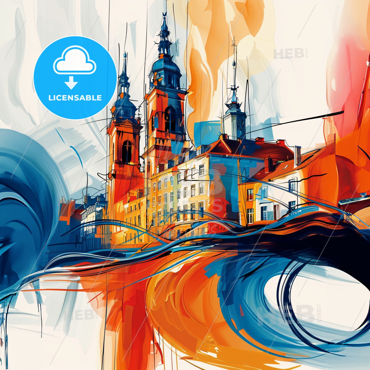 Vibrant Turnhout, Belgium - A Painting Of A Building With Towers And A Blue And Orange Swirl