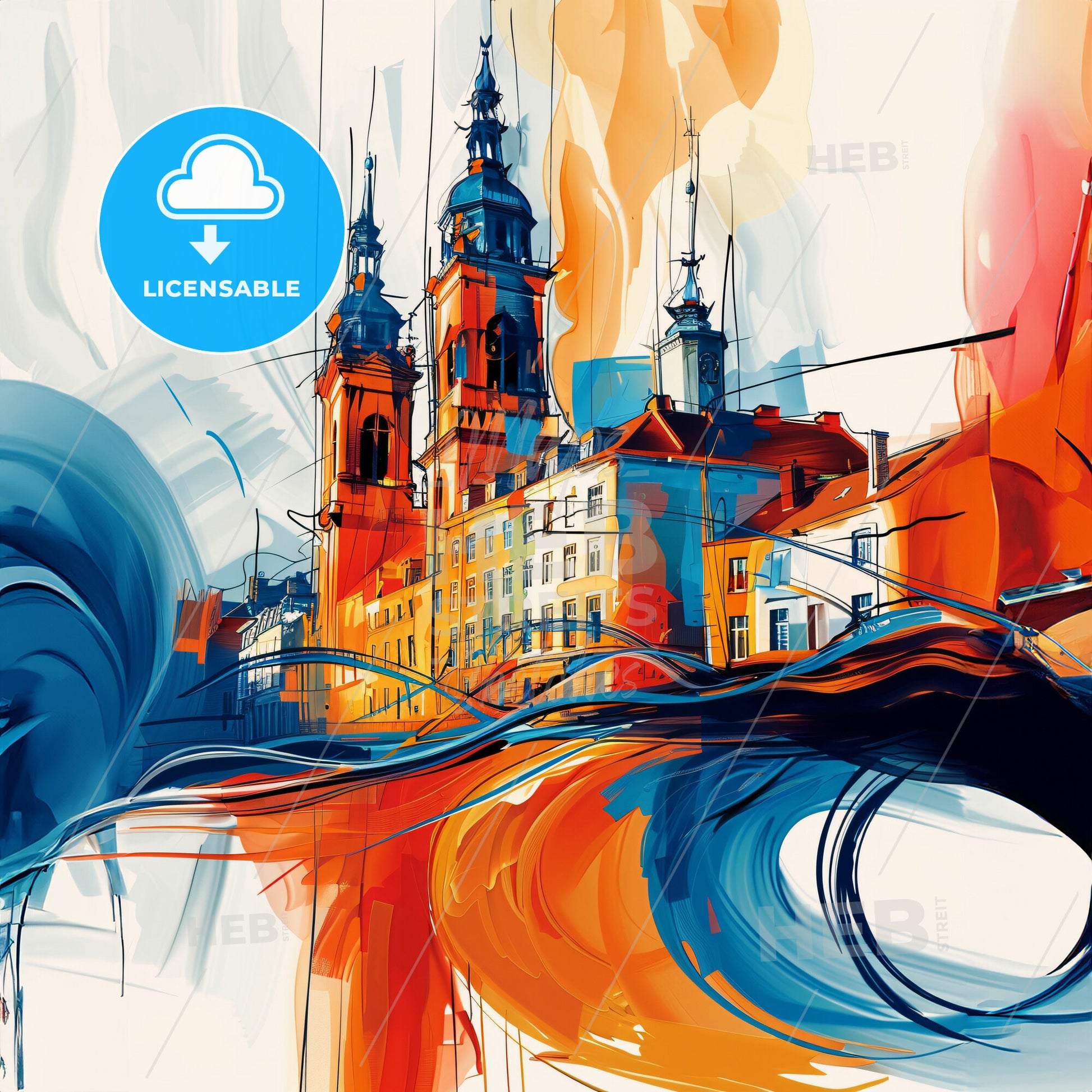 Vibrant Turnhout, Belgium - A Painting Of A Building With Towers And A Blue And Orange Swirl