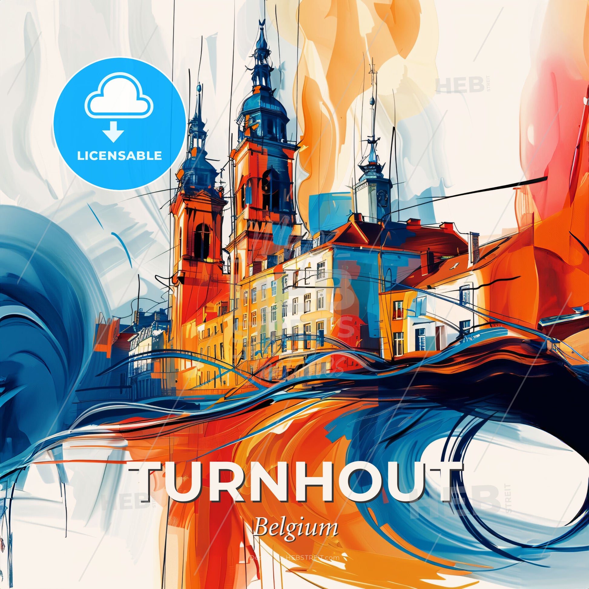 Vibrant Turnhout, Belgium - A Painting Of A Building With Towers And A Blue And Orange Swirl - Square format print template