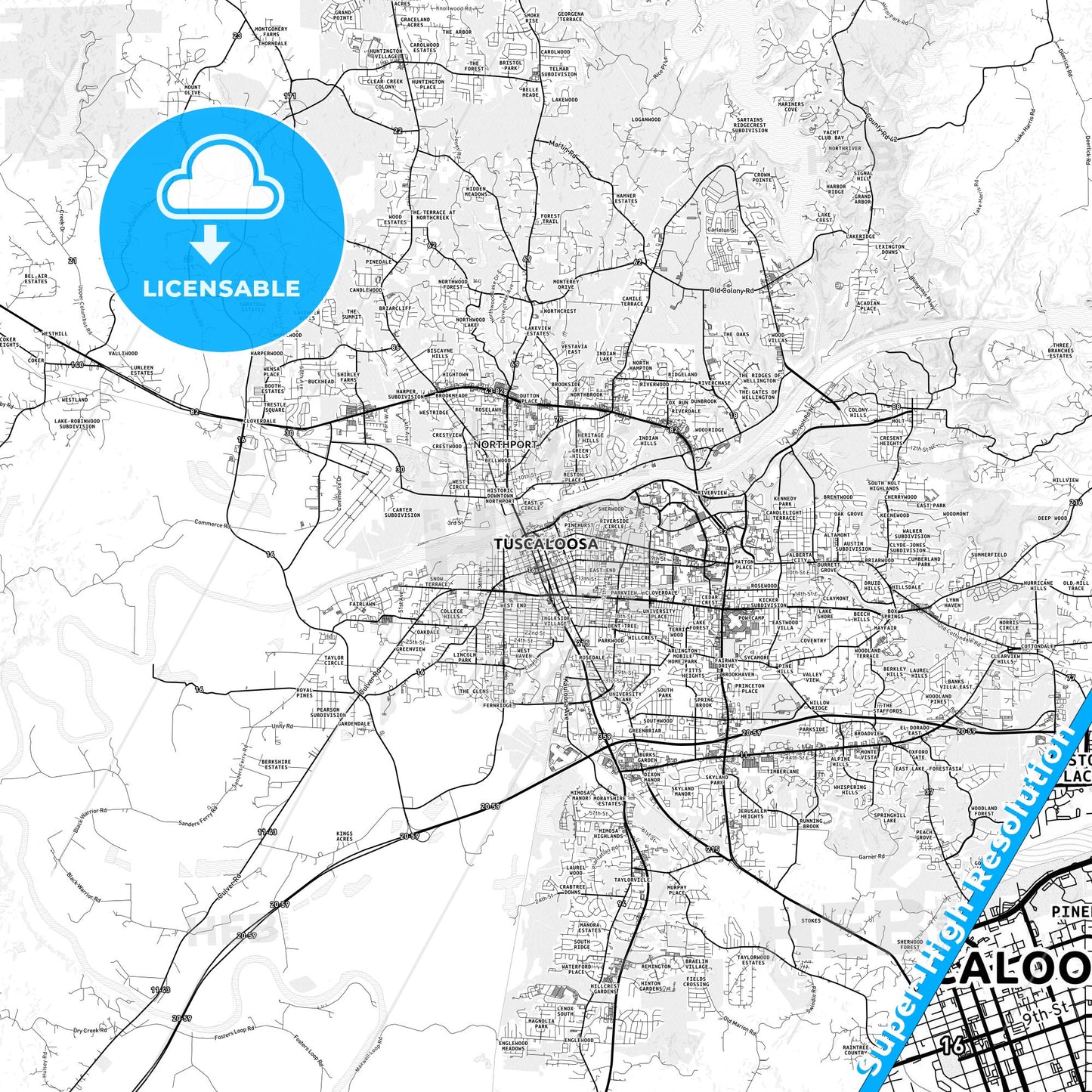 Tuscaloosa, Alabama light map with streetnames, citynames and districts