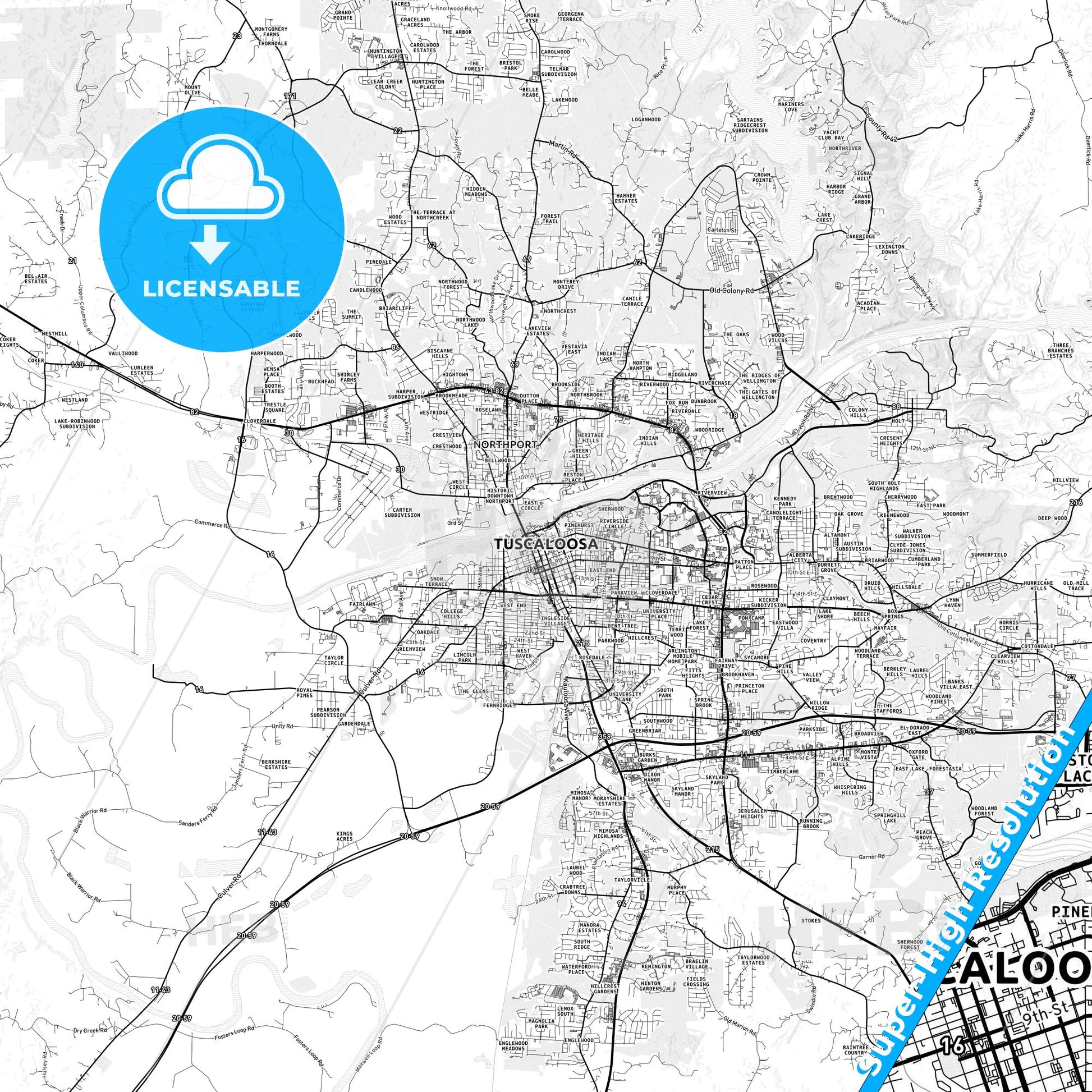 Tuscaloosa, Alabama light map with streetnames, citynames and districts