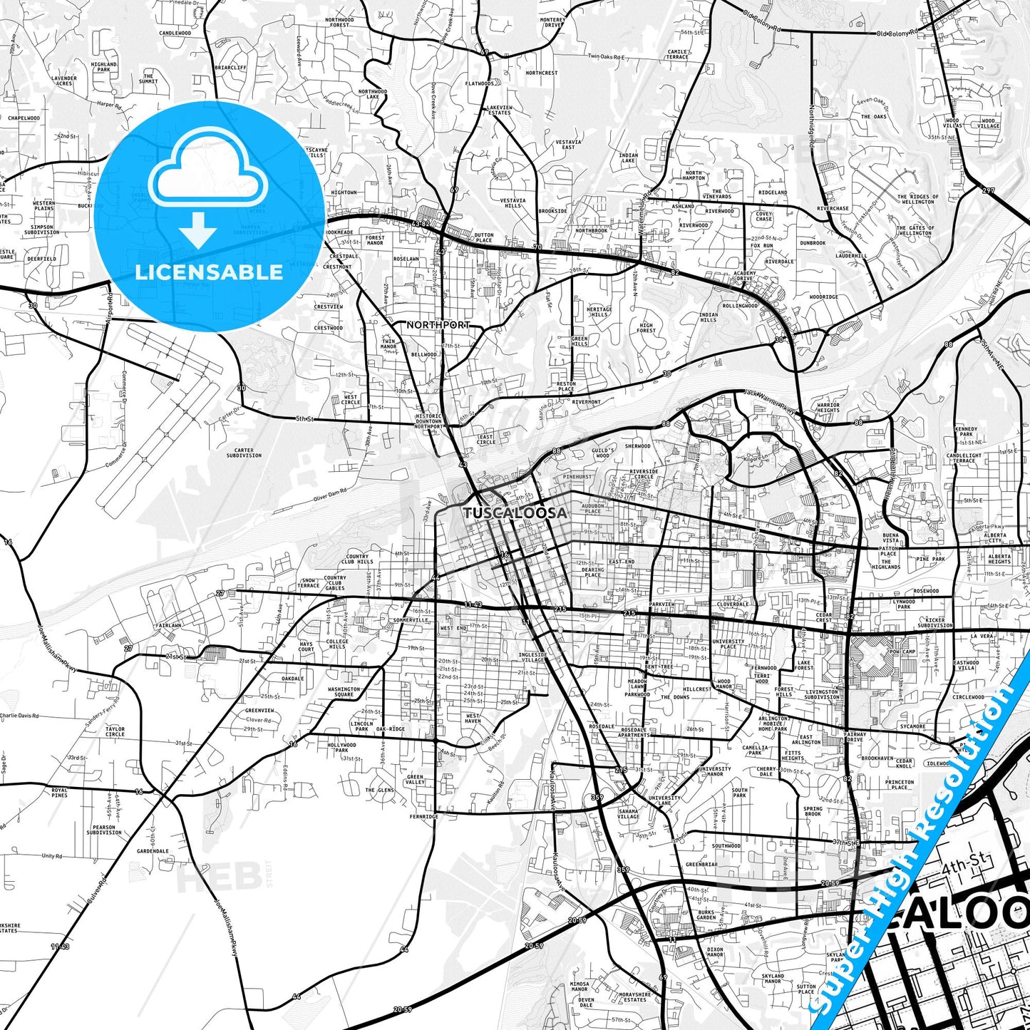 Tuscaloosa, Alabama Light Map with Street Names, City Names, and Districts