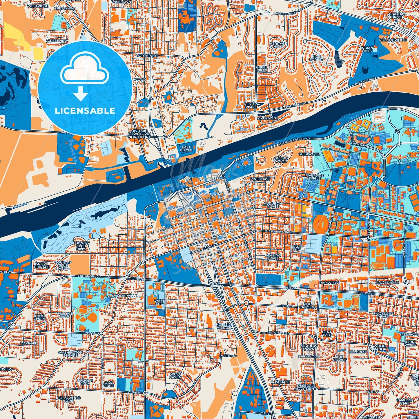 Colorful Tuscaloosa Street Map with Labels and Buildings