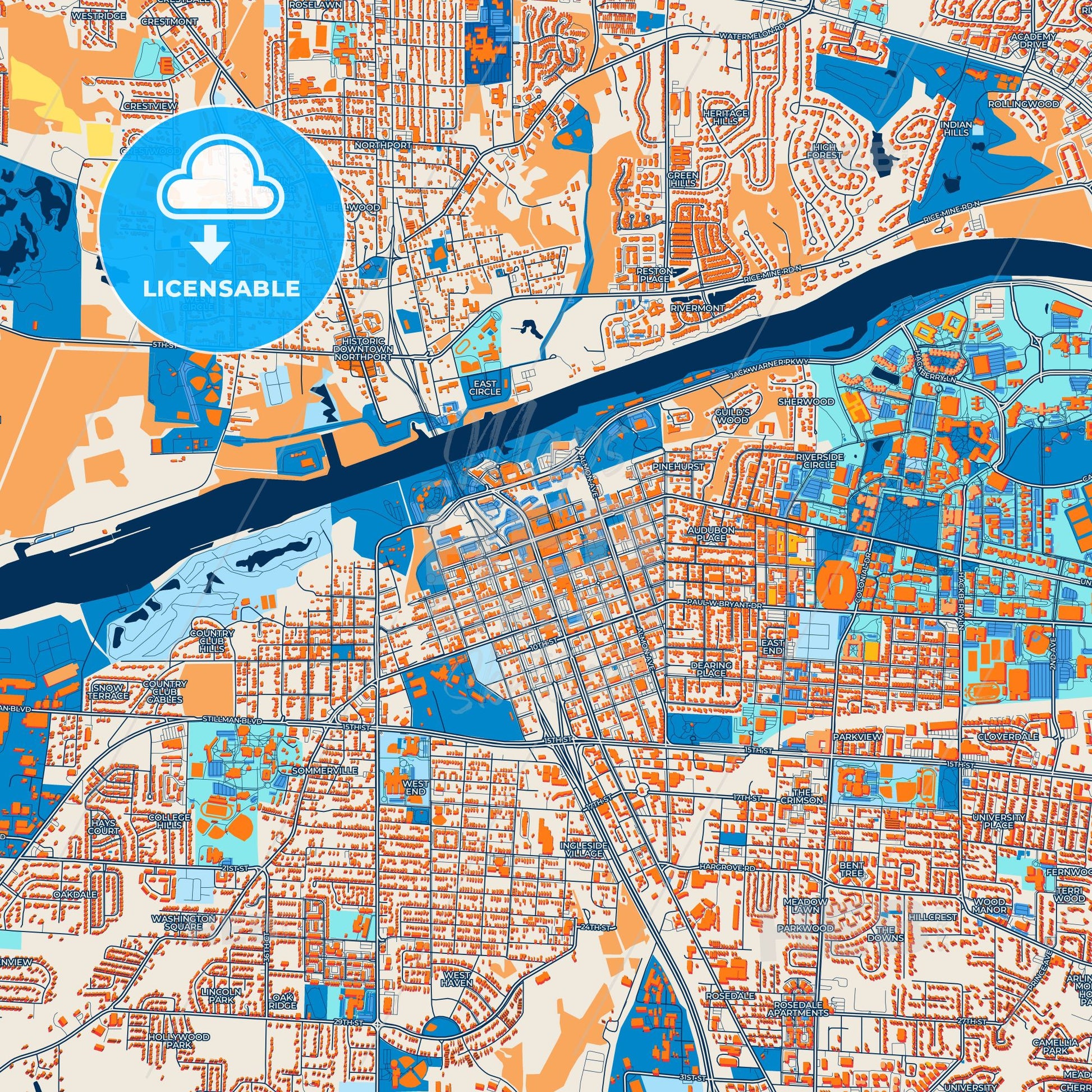Colorful Tuscaloosa Street Map with Labels and Buildings
