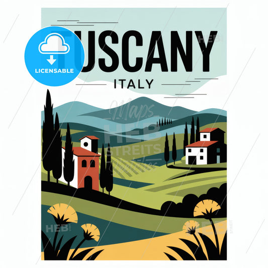 Tuscany Dreams: Minimalist Landscape Illustration with Vibrant Colors & Charm