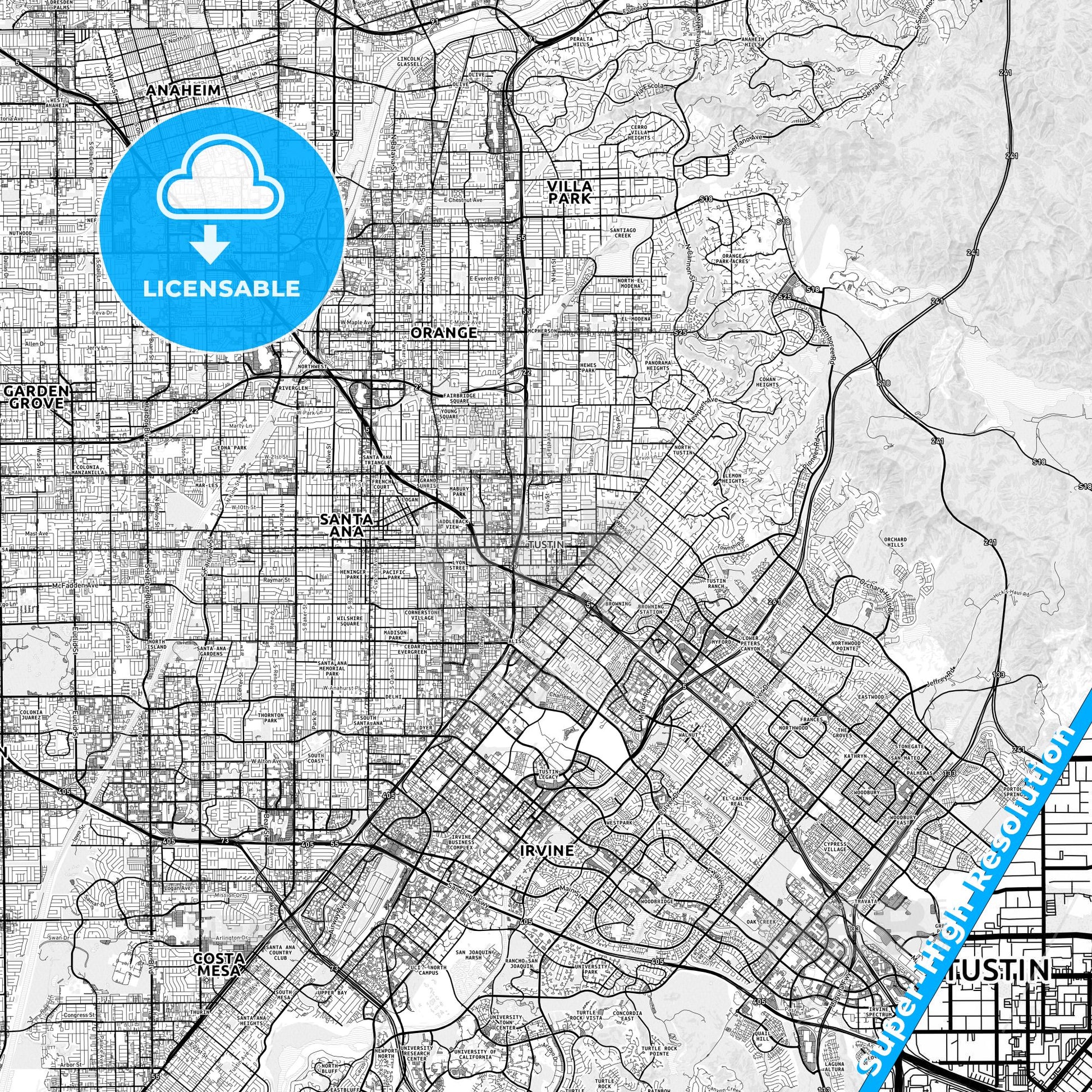 Tustin, California light map with streetnames, citynames and districts