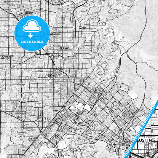 Tustin, California light map with streetnames, citynames and districts