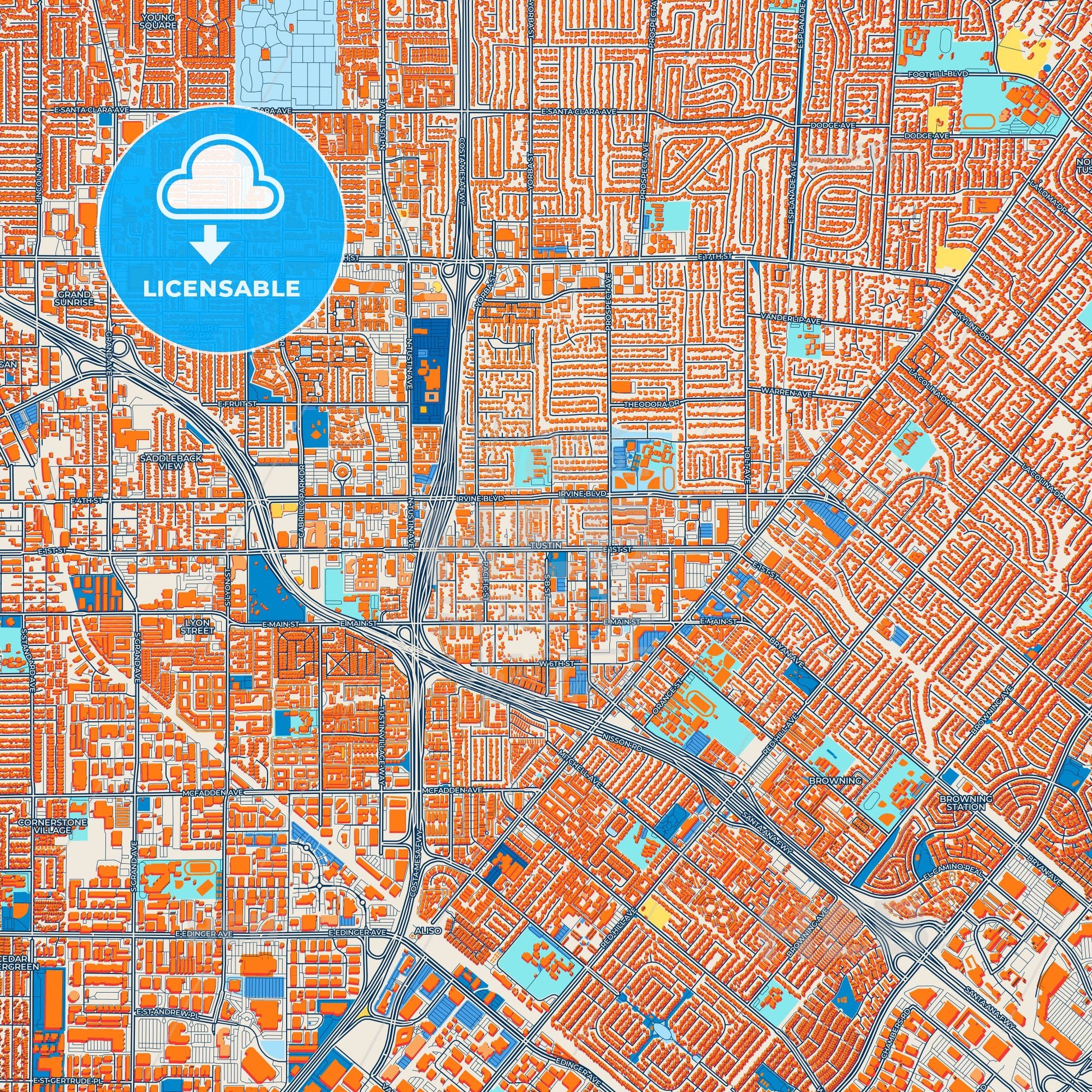 Colorful Tustin Street Map with Labels and Buildings