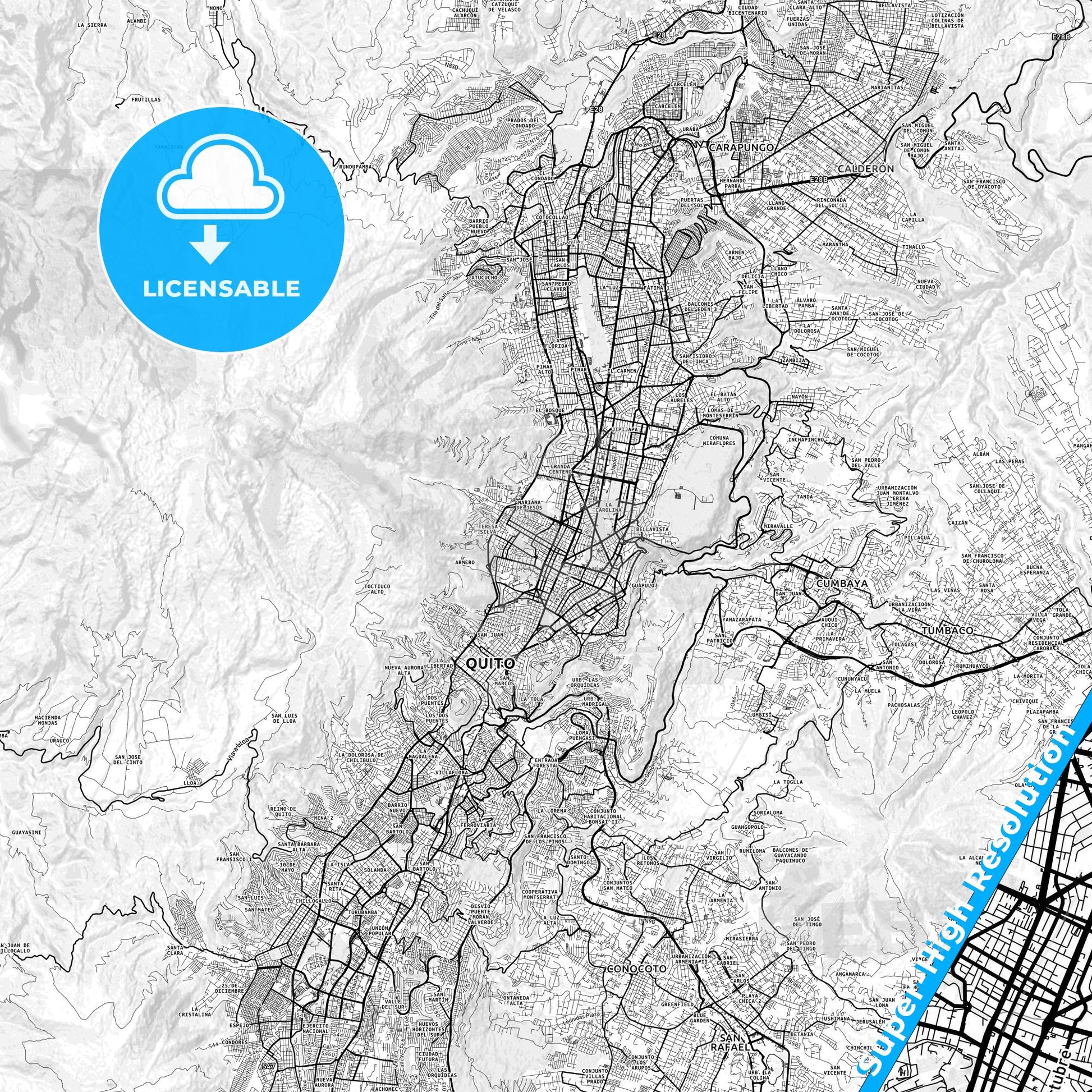 Tutamandahostel, Ecuador light map with streetnames, citynames and districts