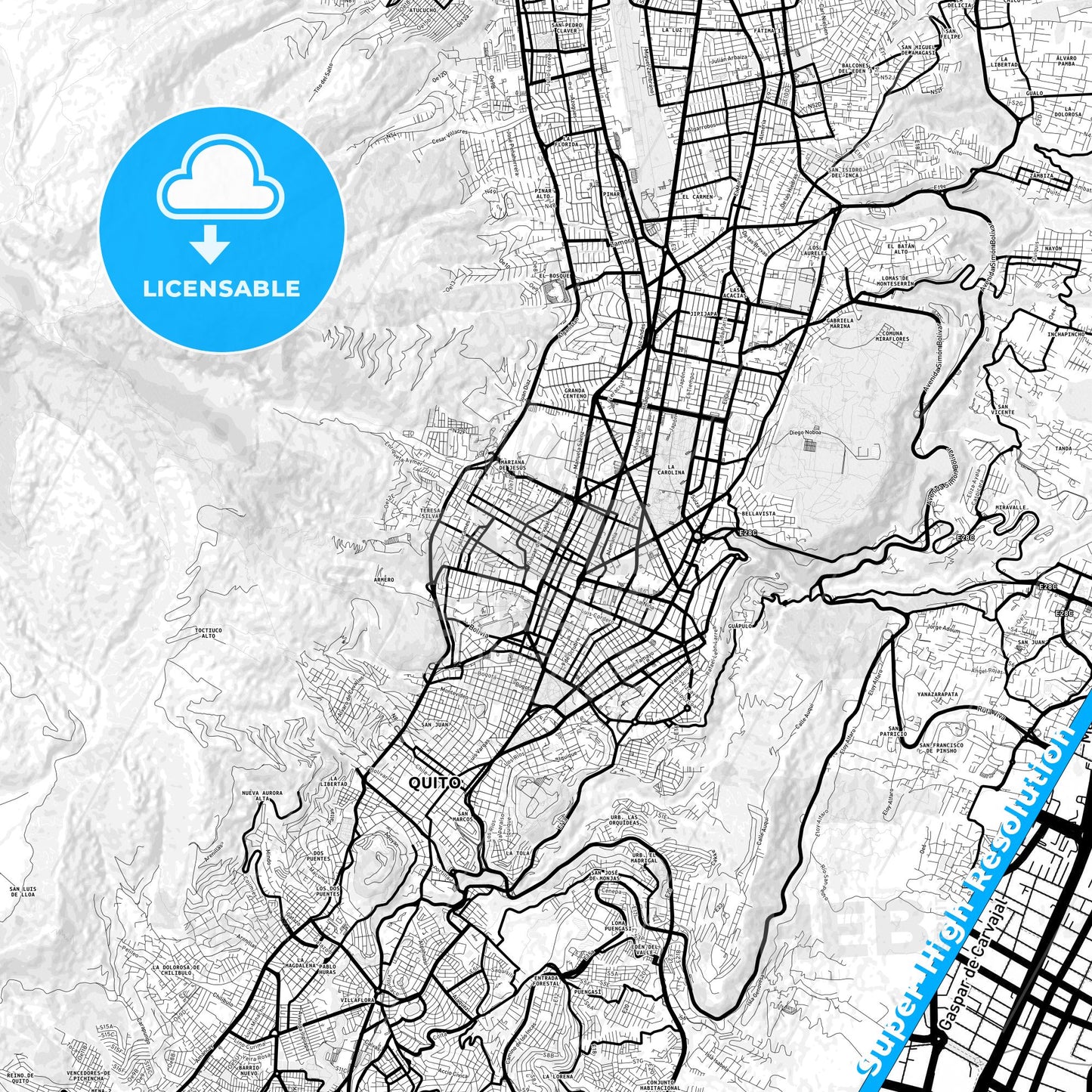 Tutamandahostel, Ecuador Light Map with Street Names, City Names, and Districts