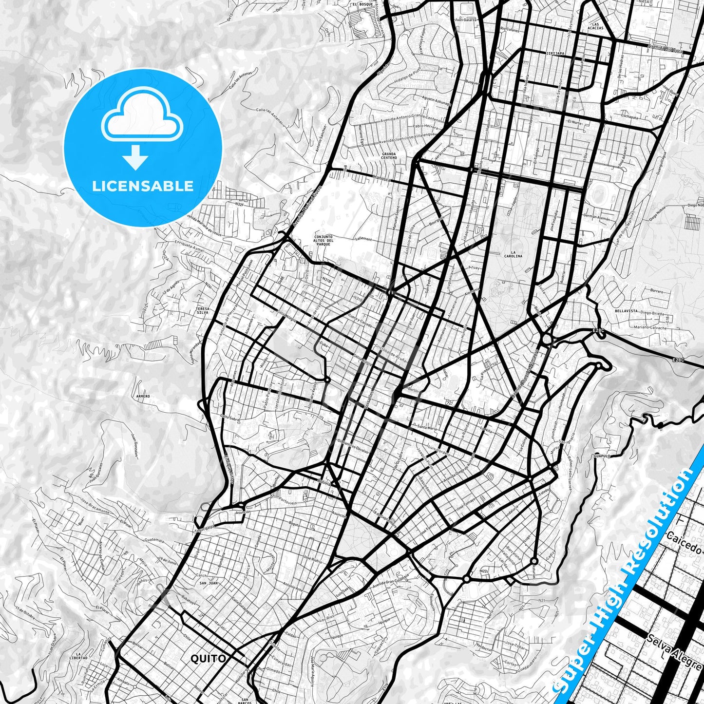 Tutamandahostel, Ecuador Light Map with Street Names, City Names, and Districts
