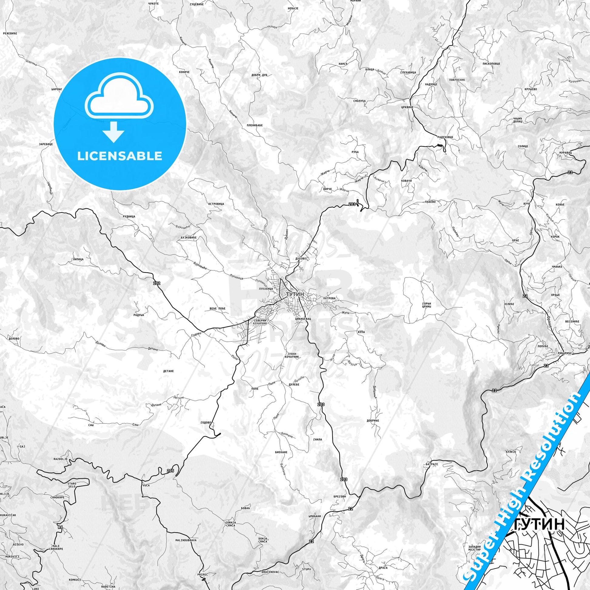 Tutin, Serbia light map with streetnames, citynames and districts