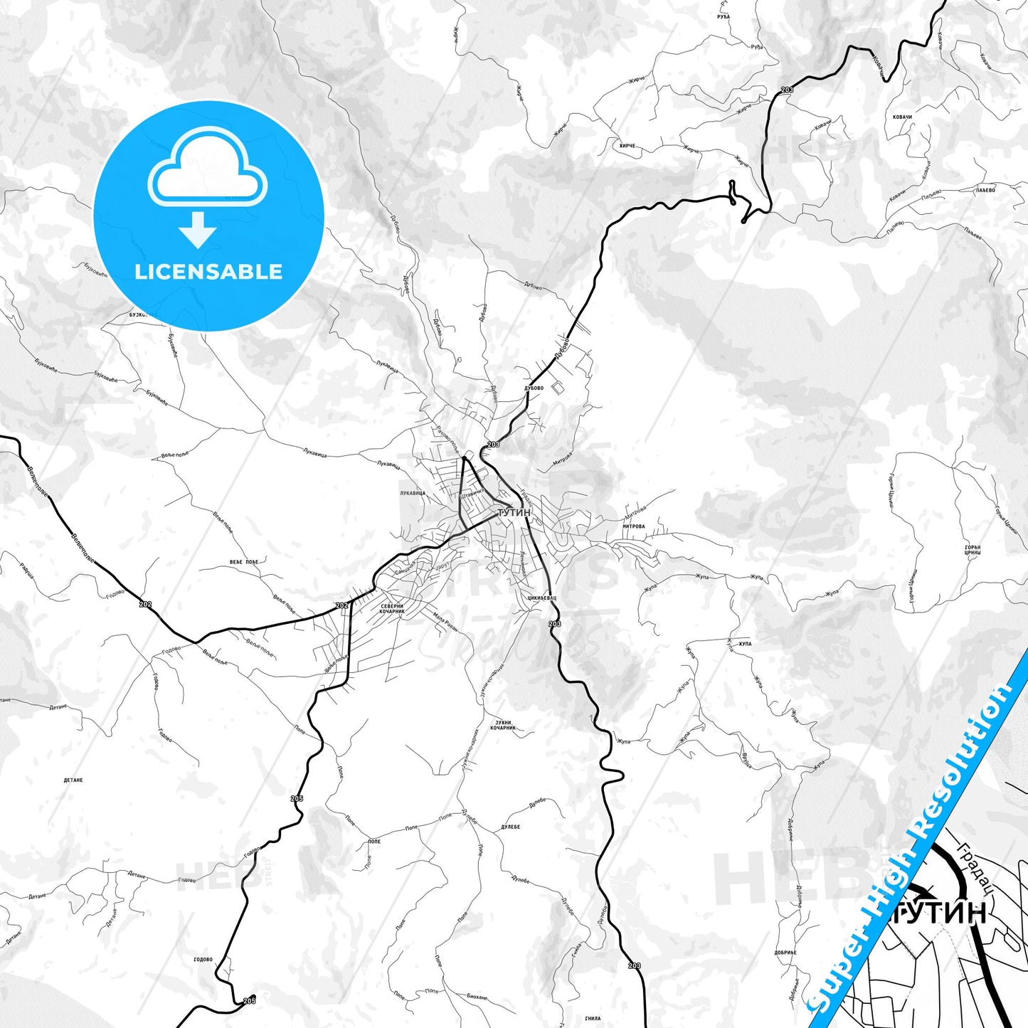 Tutin, Serbia Light Map with Street Names, City Names, and Districts