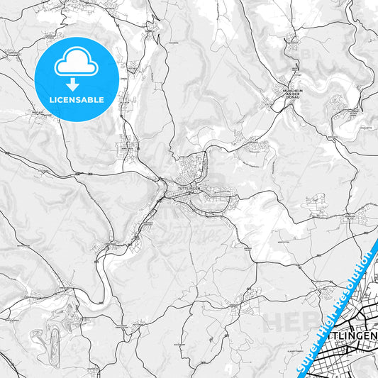 Tuttlingen, Germany light map with streetnames, citynames and districts