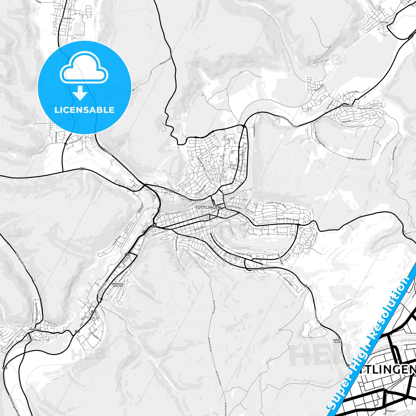 Tuttlingen, Germany Light Map with Street Names, City Names, and Districts