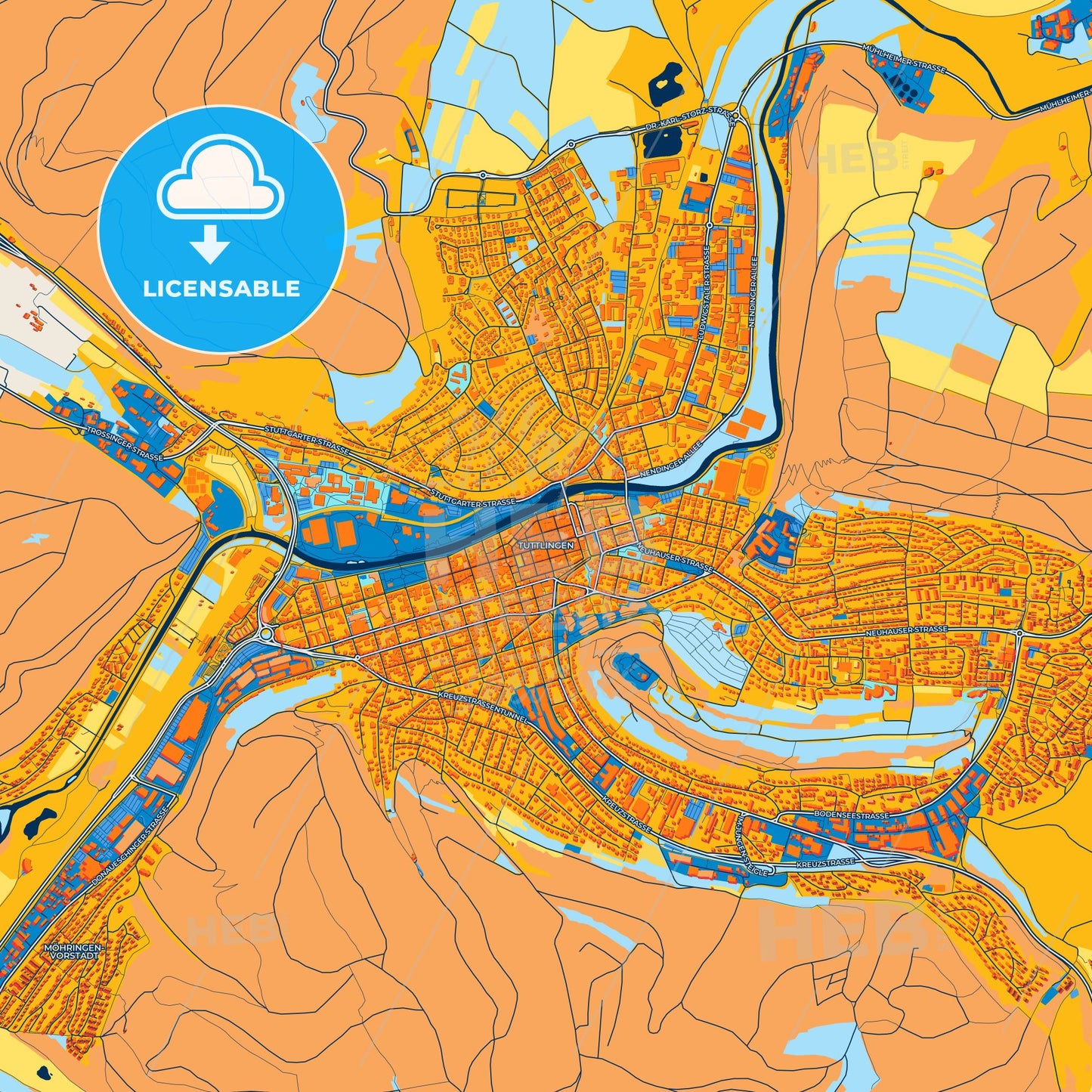 Colorful Tuttlingen Street Map with Labels and Buildings
