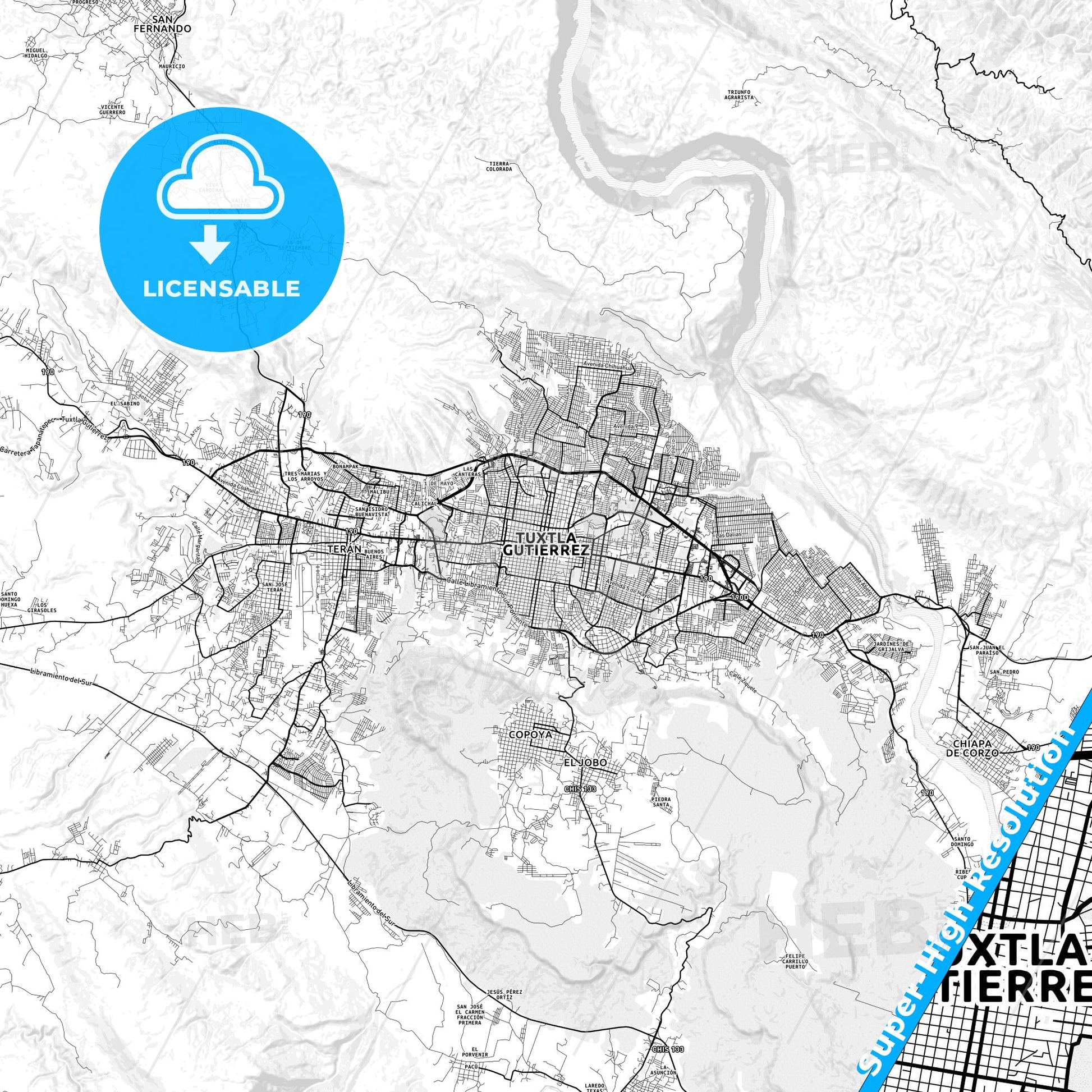 Tuxtla Gutiérrez, Mexico light map with streetnames, citynames and districts