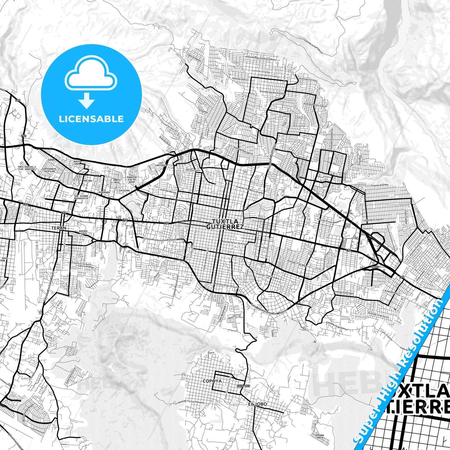 Tuxtla Gutiérrez, Mexico Light Map with Street Names, City Names, and Districts