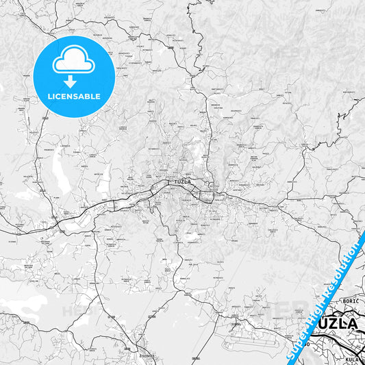 Tuzla, Bosnia and Herzegovina light map with streetnames, citynames and districts