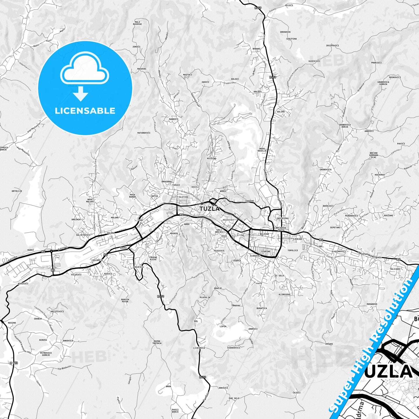 Tuzla, Bosnia and Herzegovina Light Map with Street Names, City Names, and Districts