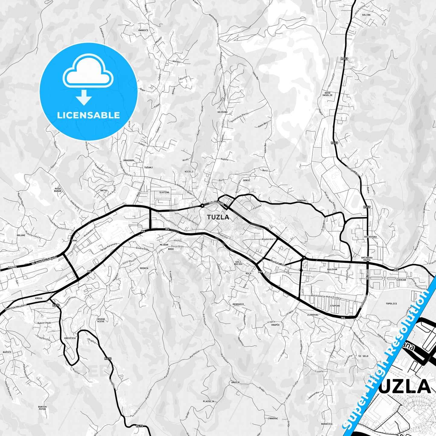 Tuzla, Bosnia and Herzegovina Light Map with Street Names, City Names, and Districts