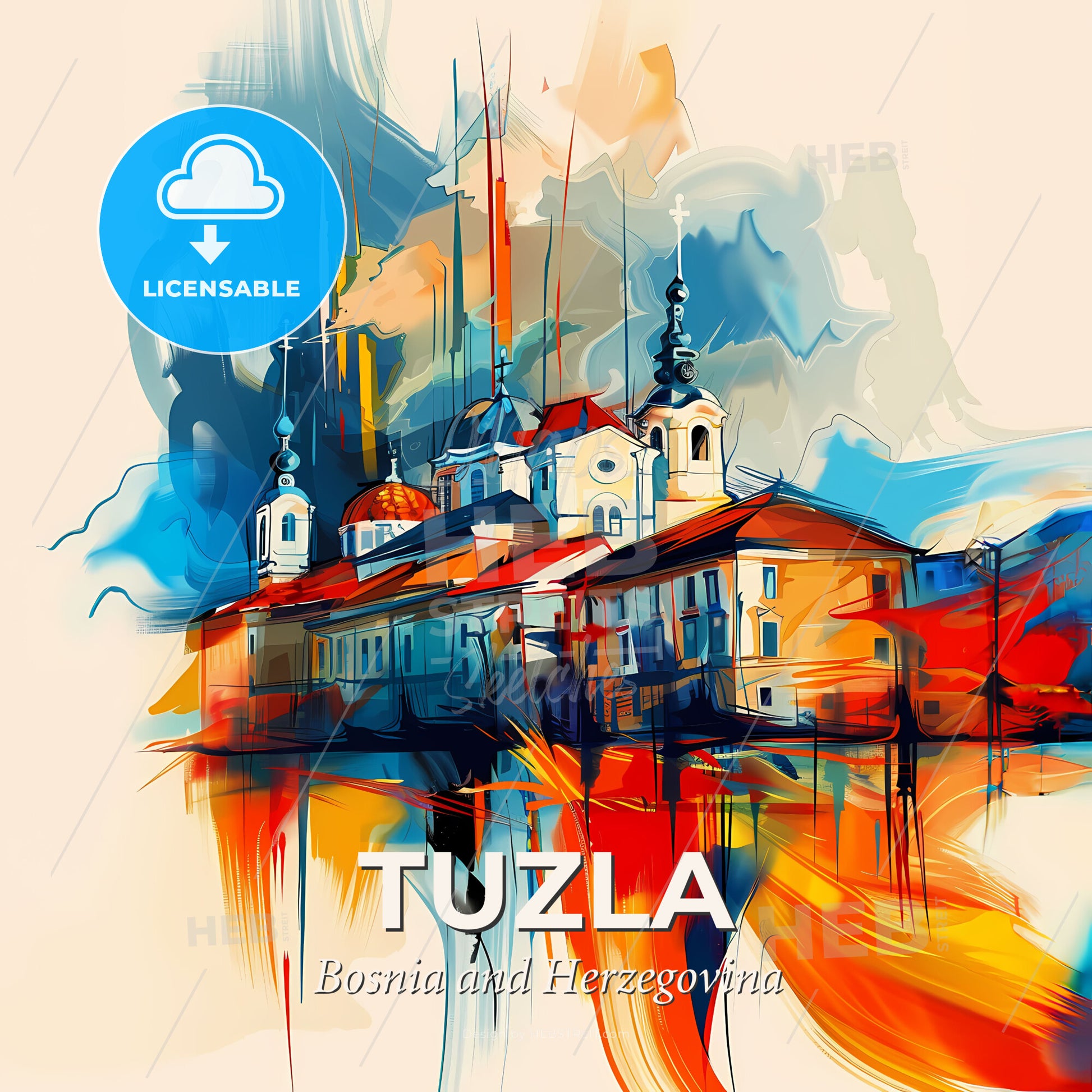 Vibrant Tuzla, Bosnia And Herzegovina - A Painting Of A Building - Square format print template