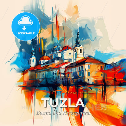 Vibrant Tuzla, Bosnia And Herzegovina - A Painting Of A Building - Square format print template