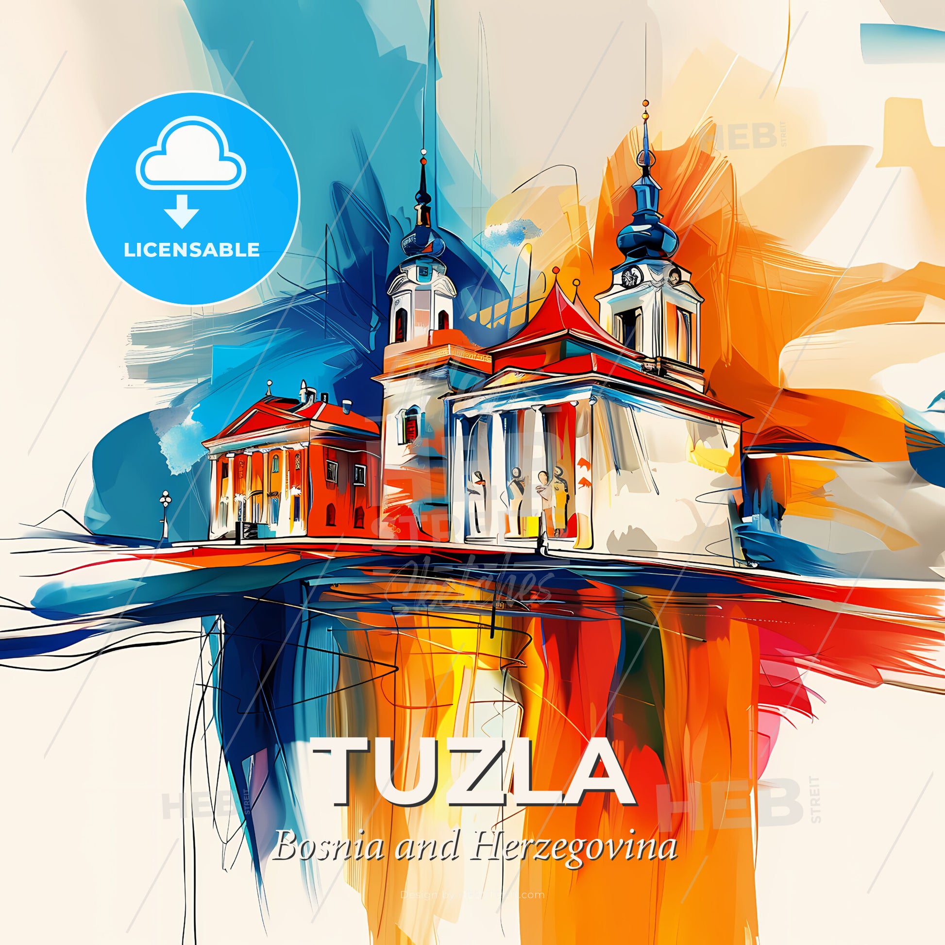 Vibrant Tuzla, Bosnia And Herzegovina - A Painting Of A Building - Square format print template