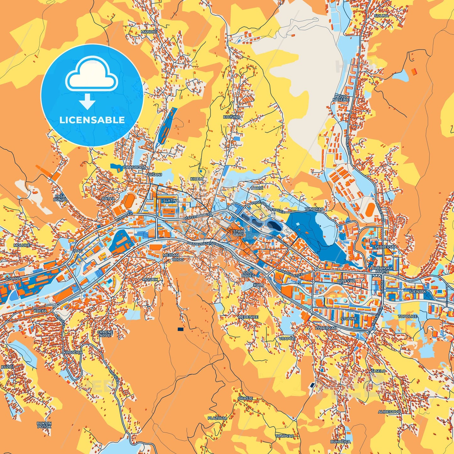 Colorful Tuzla Street Map with Labels and Buildings