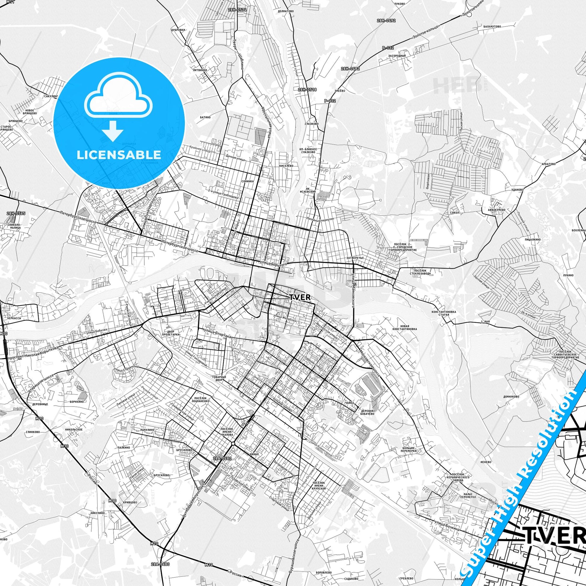 Tver, Russia light map with streetnames, citynames and districts