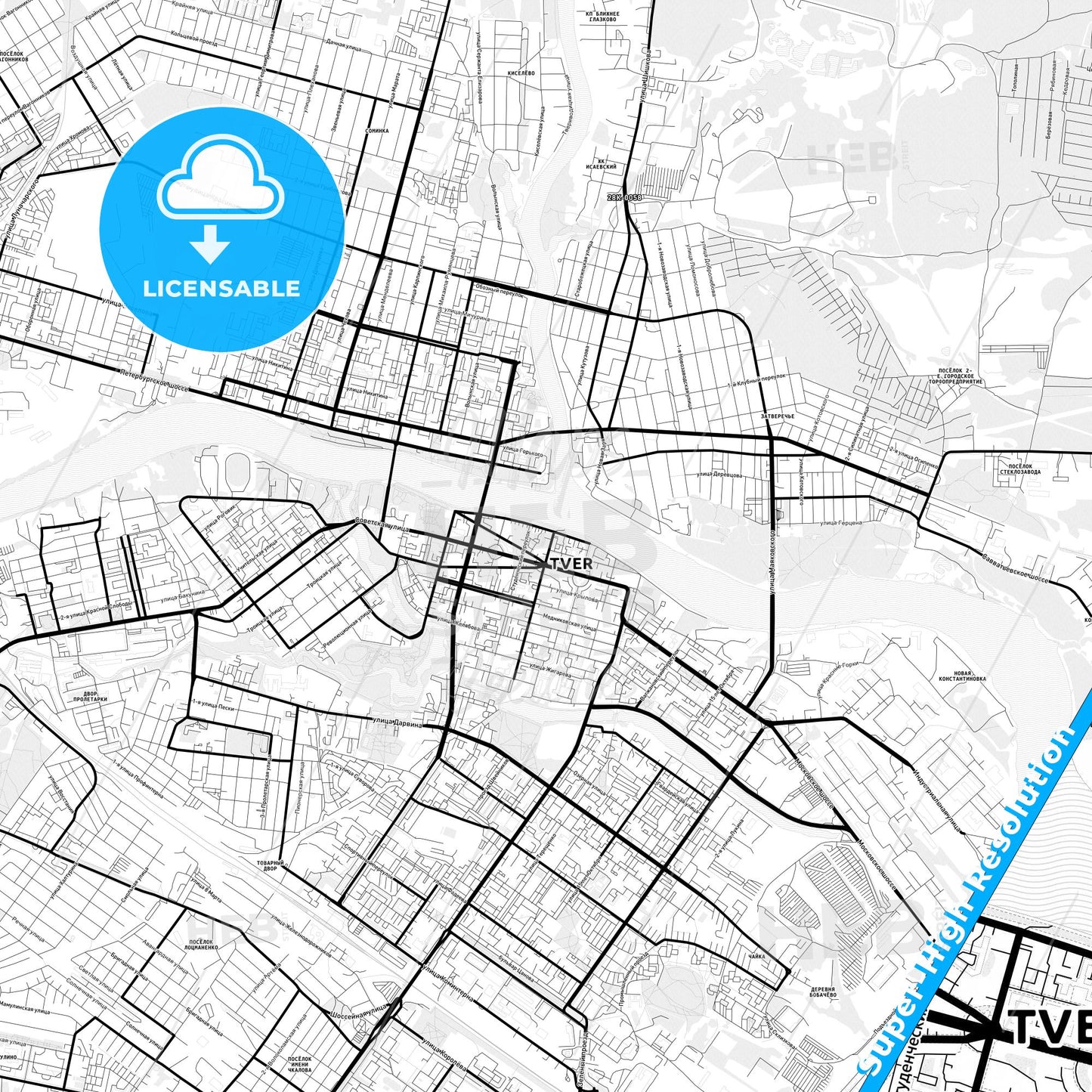 Tver, Russia Light Map with Street Names, City Names, and Districts